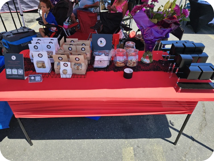 Packaged goods and flowers on display